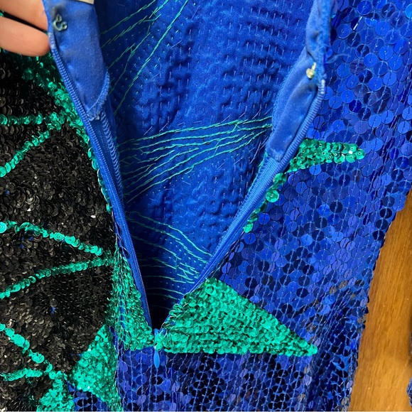 Vintage Long Sleeve Sequin Sunburst Mini Dress P Bodycon Blue Green - Picture 14 of 15
